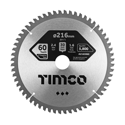 216x30x60T Circular Saw Blade Minus 5 Degree Aluminium Fine Cut Timco